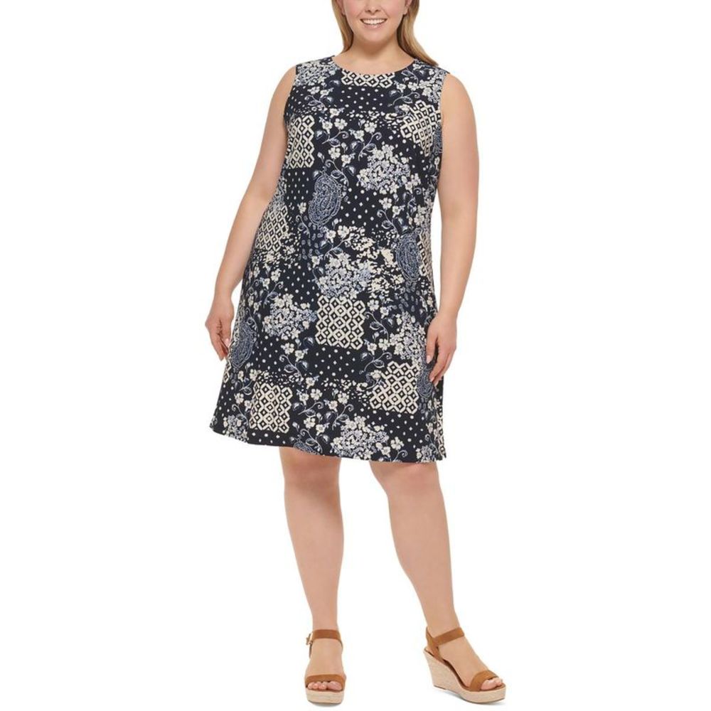Tommy Hilfiger Womens Navy Printed Sheath Office Mini Dress Plus NWT